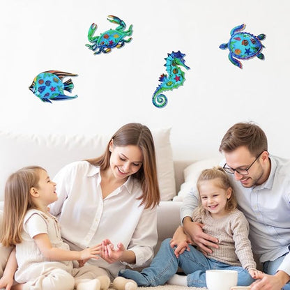 VEWOSTAR Metal Ocean Wall Art Decor Outdoor - Themed Metal Wall Sculpture Set of 4, Beach House Decor for Bathroom, Coastal Patio, Garden Fence, Pool Wall Art, Nautical Outdoor Decor Gift