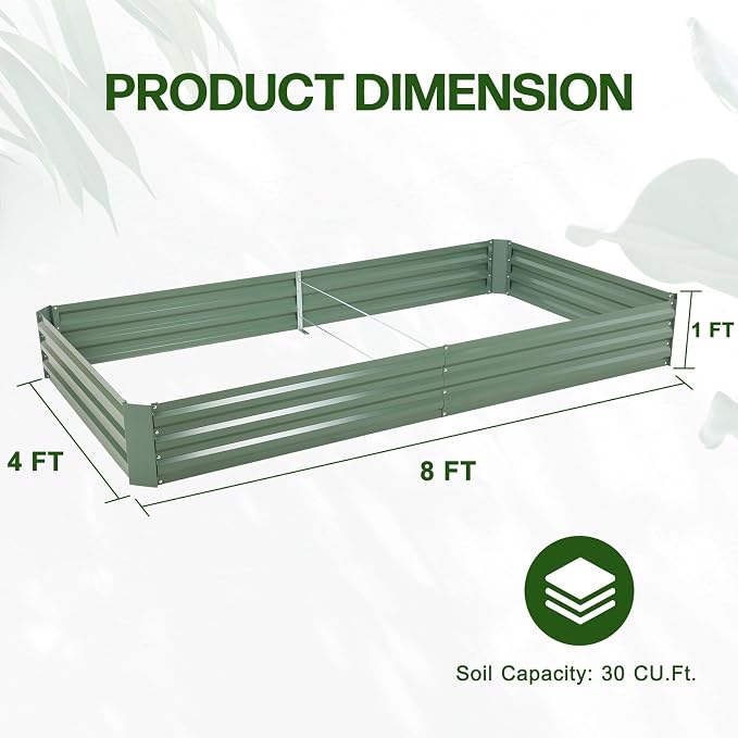 Aoodor 8 x 4 x 1 ft Outdoor Raised Garden Bed, Reinforced Galvanized Steel Planter Box for Vegetables, Herbs, and Flowers