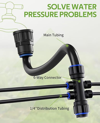 HIRALIY 50FT Quick-Connect Drip Irrigation Kit, Garden Watering System with 40FT 1/4" Tubing, 10FT Main Hose & 12 Adjustable Drippers for Patio Pots, Raised Beds & Small Vegetable Gardens