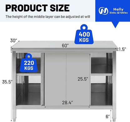 Hally Stainless Steel Cabinet, 30" x 60" NSF Commercial Heavy Duty Prep Workbench with Two Sliding Doors, Large Storage Cabinet, Metal Table for Kitchen, Restaurant, Garage