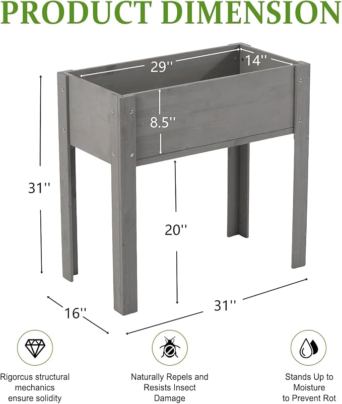 Raised Garden Bed with Legs, 31x16x30 in Planter Boxes Outdoor, Elevated Wooden Planter Box Standing Growing Bed for Gardening, Backyard, Patio and Balcony (Grey, 31x16x30)