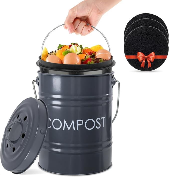 Vipush Compost Bin Kitchen Countertop Composter with lid – Small Compost ContainerI Includes Inner Compost Bucket Liner & Charcoal Filter, Grey