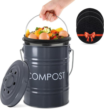 Vipush Compost Bin Kitchen Countertop Composter with lid – Small Compost ContainerI Includes Inner Compost Bucket Liner & Charcoal Filter, Grey