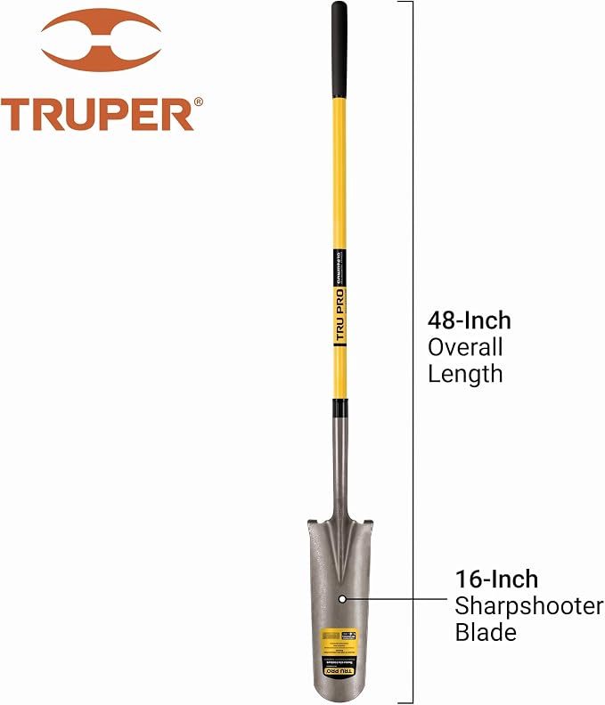 Truper Tru Pro 16-Inch Drain Spade, 48-Inch Professional Fiberglass Handle with 9-Inch Cushion Grip, 14-Gauge Tempered Steel Sharpshooter (Model 31286 / PEP-16FL)