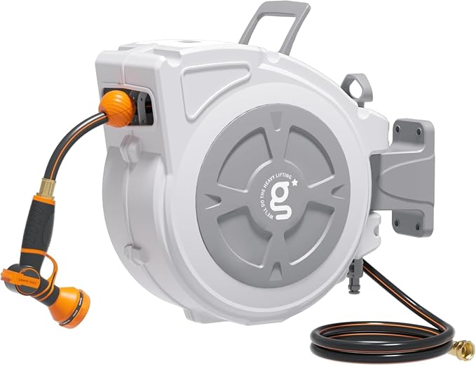 Giraffe Tools Retractable Hose Reel 1/2" x 65 ft Garden Hose Reel Heavy Duty, Any Length Lock with Swivel Bracket, 9-Function Sprayer Nozzle