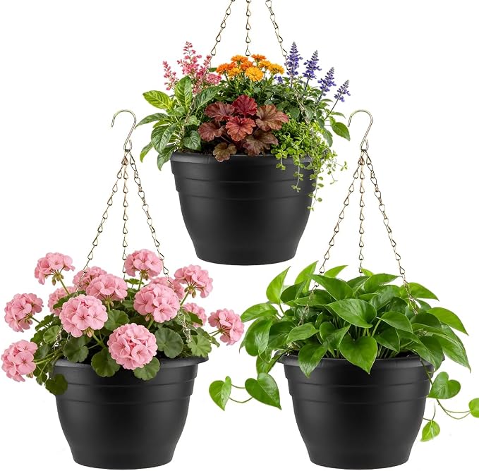 RooTrimmer Hanging Planters 11 Inch, 3 Pcs Flower Pots with Drainage Hole, Self Watering Hanging Basket for Indoor Outdoor Plants, Decor, Black