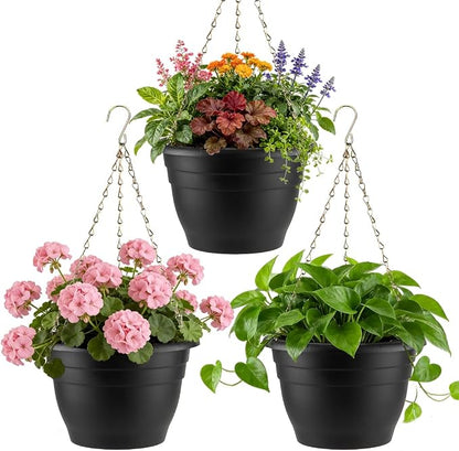 RooTrimmer Hanging Planters 11 Inch, 3 Pcs Flower Pots with Drainage Hole, Self Watering Hanging Basket for Indoor Outdoor Plants, Decor, Black