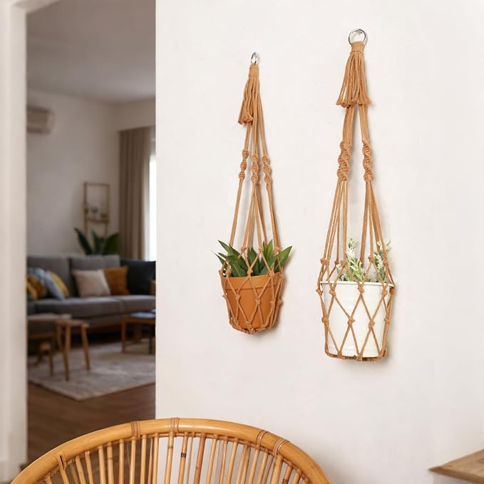 Artilady Macrame Hanging Planter for Indoor Plants Boho Plant Hanger Holder | Large Plant Holder, Hanging Baskets for Plants Outdoor, No Tassels, Farmhouse Rustic, Window Balcony Home Decor, 2 Pack