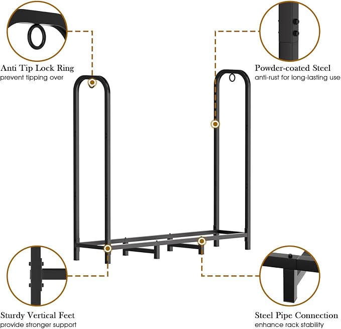 Gtongoko 4ft Heavy Duty Metal Firewood Rack Outdoor Indoor Fire Wood Holder Rack for Fireplace, Log Racks for Firewood Outdoor, Wood Pile Storage Organizer, Black