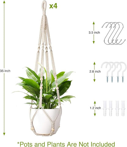 LEWESU Macrame Plant Hanger Indoor Set of 4 with 8 Hooks, Indoor Outdoor Hanging Planter for Plants Holder with Decorative Wood Beads & No Tassels, Boho Home Decor, 35 Inch Ivory (Pots Not Included)