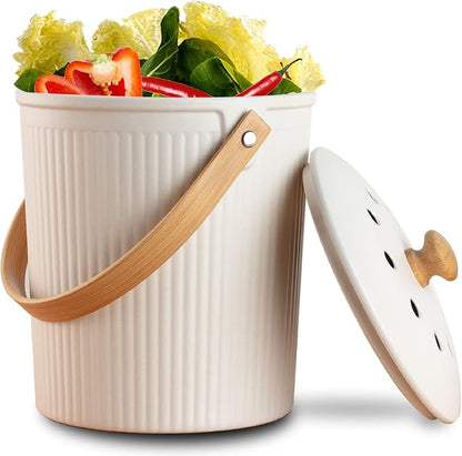 LALASTAR Countertop Compost Bin with Lid, Made of Sustainable Bamboo Fiber, Odorless Kitchen Compost Bucket, 1 Gallon, Cream