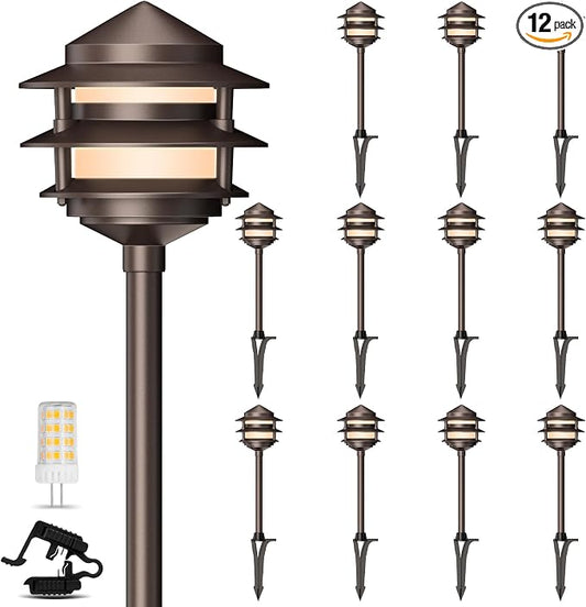 Gardencoin Pagoda Low Voltage Landscape Pathway Lights, 12V Outdoor LED Path Lights Wired, Aluminum Walkway Lighting with 4W 2700K Replaceable G4 Bulb, Bronze Classic 3-Tier Lantern, 12 Pack