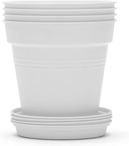 Mintra Garden Pots, 4 Pack Bulk Plastic Plant Pots with Drainage Tray, Round Indoor & Outdoor Decorative Planters with Drain Holes for Flowers, Herbs & Plants, 15cm Diameter – White, 5.9 in
