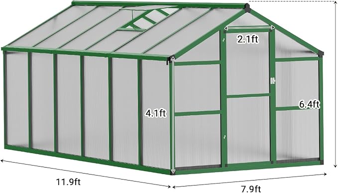 8X12 FT Greenhouse, Greenhouses for Outside, Aluminum Frame Polycarbonate Panels with Sliding Lockable Door and Ajustable Roof Vent, Spacious Walk-in Design for Backyard, Garden, Patio, Green
