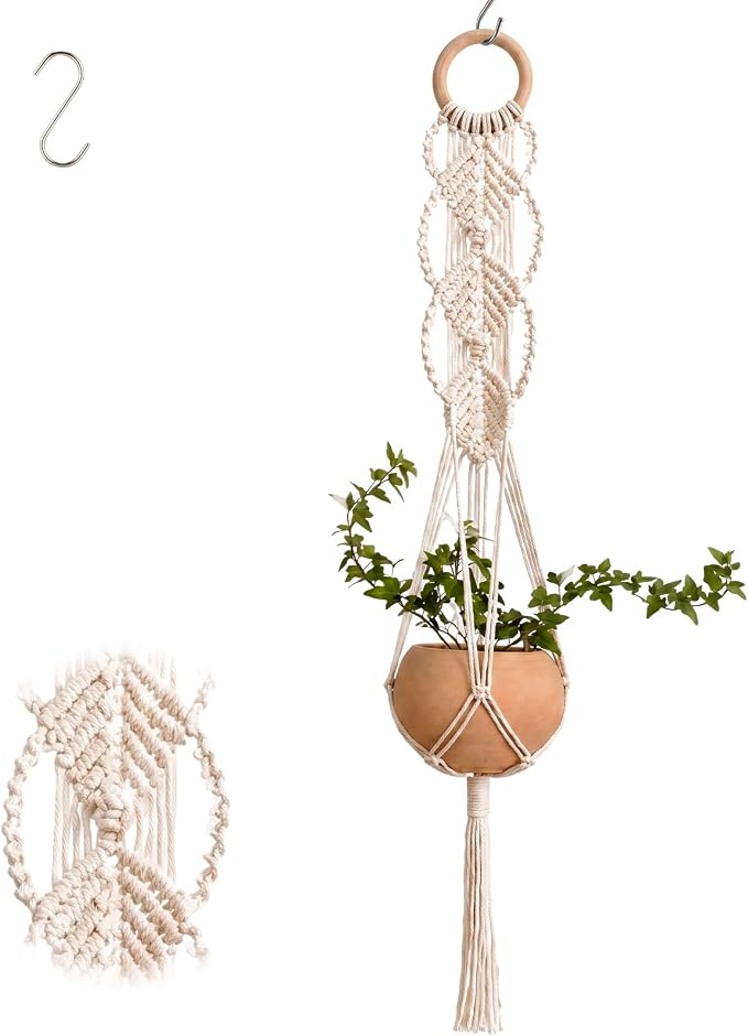 Shappy 1 Pack Boho Macrame Plant Hanger, Large Hanging Planter Plant Holder Pot Hanger Hanging Basket Wall Planters, Plants Lover Gift for Indoor Garden (Wooden Ring Macrame,Cream)