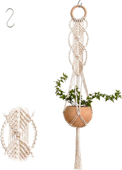 Shappy 1 Pack Boho Macrame Plant Hanger, Large Hanging Planter Plant Holder Pot Hanger Hanging Basket Wall Planters, Plants Lover Gift for Indoor Garden (Wooden Ring Macrame,Cream)