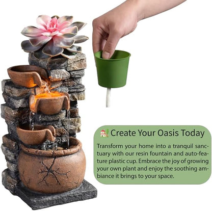 Indoor Fountain 4-Bowl Rockery Soothing Sound Tabletop Fountains Home/Office Decor with a Small Plastic Pot to Grow The Plant by Yourself(Automatic Watering)(23001)