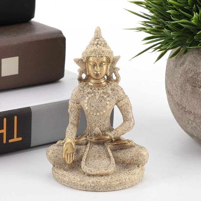 Small Buddha Statue - Figurines Decor Sandstone Sitting Meditation | Outdoor Statues for Garden Buddhist Decoration Ornament Sculpture Handmade Figurine Miniatures Home Seated Zen(Gold)