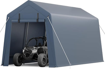 GarveeLife 10x15FT Outdoor Storage Shed, Portable Carport with Roll-up Ventilated Zipper Door and Windows, Heavy Duty Waterproof Tarp, Storage Sheds for Motorcycle, Bike, Firewood, Garden Tools