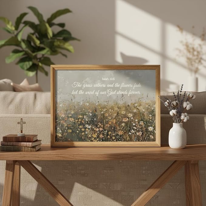 smvexyl Framed Christian Bible Verse Wall Art Canvas, Isaiah 40:8 Scripture Wildflower Meadow Painting Religious Wall Decor Faith Inspirational Picture for Living Room Bedroom Home Decoration 8x10 12x16 16x24