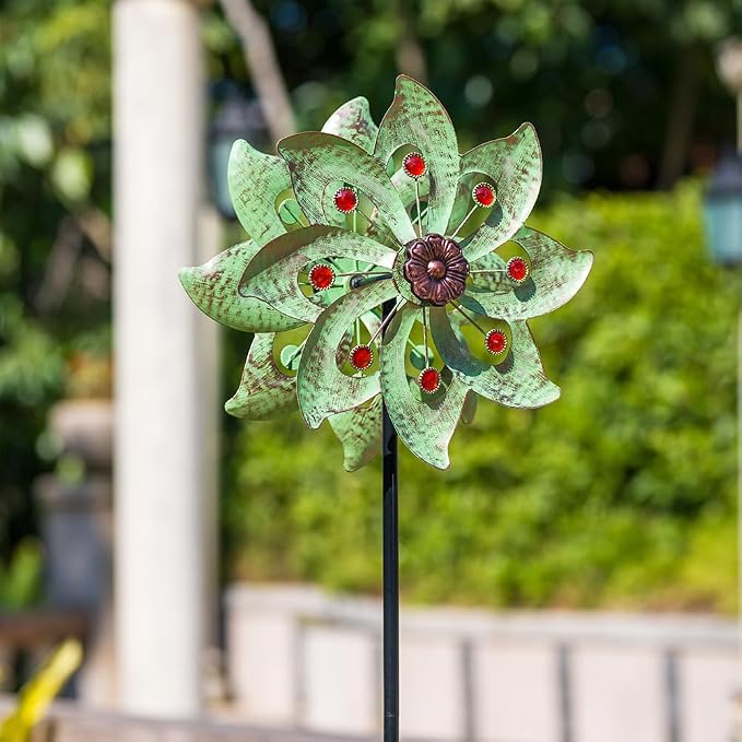 Stargarden Outdoor Wind Spinner-Double Wind Sculpture | 63*13"Metal Windmill for Garden Patio Yard Decor -Green
