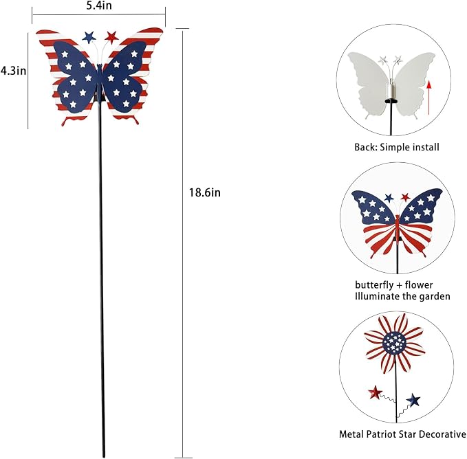 6Pack 4th of July Decorations Outdoor, 18.6Inch Patriotic Metal Flowers Butterfly Decorative Garden Stakes for Independence Day, Americana Patriotic Yard Signs Decor for Garden Lawn Porch
