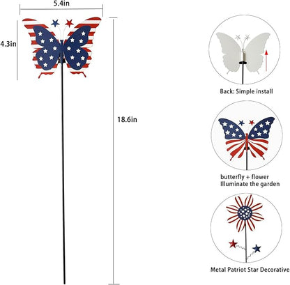 6Pack 4th of July Decorations Outdoor, 18.6Inch Patriotic Metal Flowers Butterfly Decorative Garden Stakes for Independence Day, Americana Patriotic Yard Signs Decor for Garden Lawn Porch