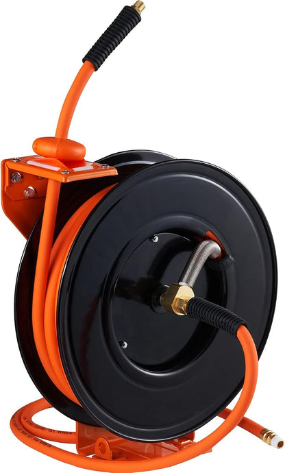 VEVOR Retractable Air Hose Reel 3/8 IN x 50 FT Hybrid Air Hose Max 300PSI | 5ft Lead in, Ceiling/Wall Mount, Single Arm, Heavy Duty Steel Air Compressor Hose Reel
