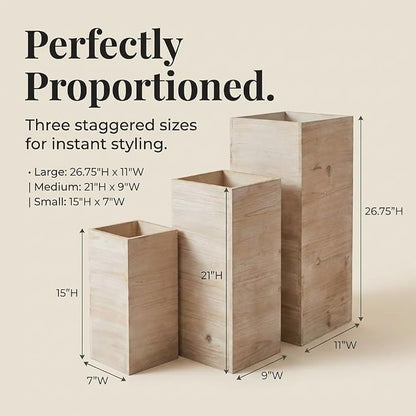 Anderson's Square Wooden Garden Planters Set – Rustic 3‑Piece Wood Planter Collection for Weddings, Patios, Backyards, Seasonal Décor & Modern‑Farmhouse Styling (Small 15", Medium 21", Large 26.75")