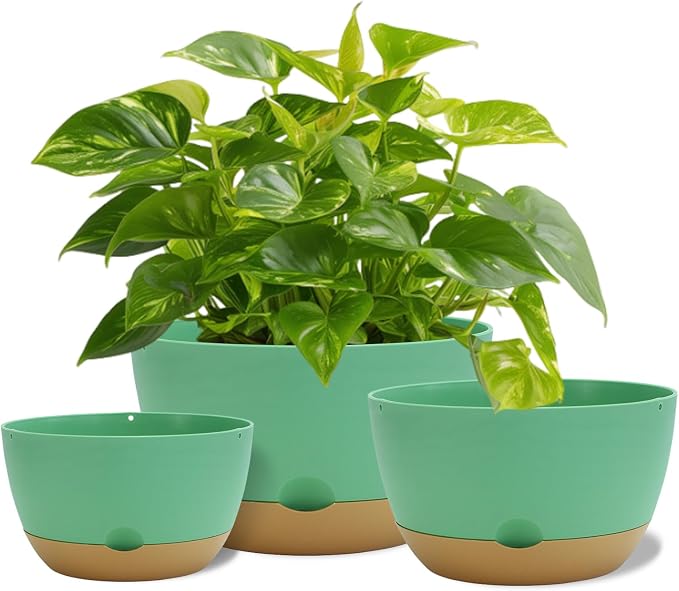Koalaime 8/10/12 Inch Pots for Indoor Plants, Large Self Watering Planters with Drainage and Saucers, Plastic Outdoor Flower Pot, Set of 3, Green