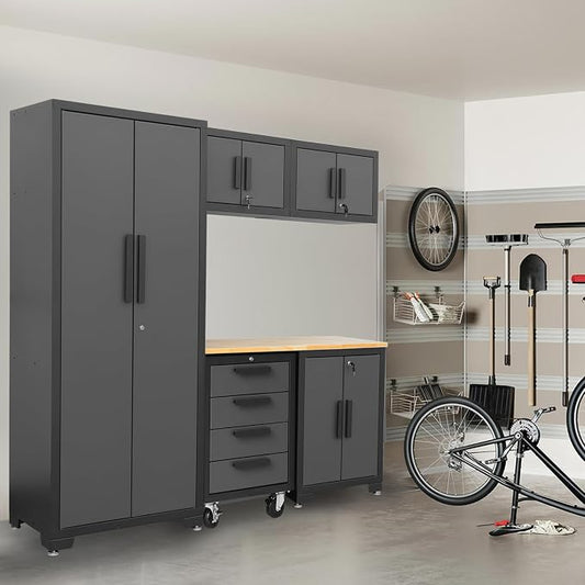 BIG RED 6 Piece Set Garage Cabinets: Lockable Design for Optimal Garage Storage and Organization, Garage Workbench with Storage ,76.8" 18.6" 75.95", Black/Grey