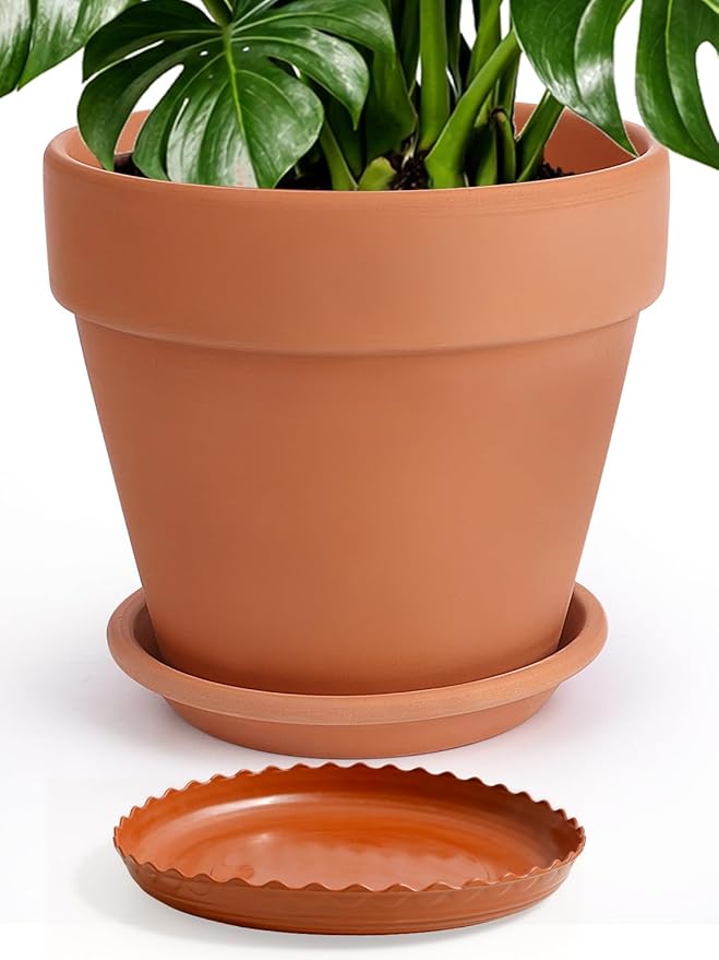 INGOFIN 12 Inch Terracotta Pot with Saucer - Ceramic Clay Pot for Plants with Drainage Hole, Large Terra Cotta Flower Planter with Tray for Indoor Outdoor Plants