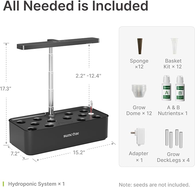 SUNCOZE Hydroponics Growing System Kit 12 Pods, 24W LED Grow Light Indoor Garden, 4L Water Tank with Quiet Pump, Adjustable Height Herb Garden Planter Indoor Kit, Gardening Gifts, Black