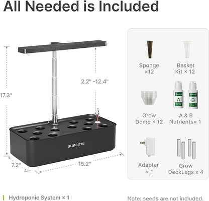 SUNCOZE Hydroponics Growing System Kit 12 Pods, 24W LED Grow Light Indoor Garden, 4L Water Tank with Quiet Pump, Adjustable Height Herb Garden Planter Indoor Kit, Gardening Gifts, Black