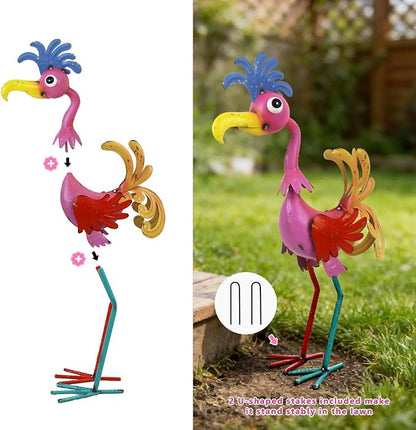 20'' Tall Metal Rooster Statue for Farmhouse, Lawn, Garden | Funny Rooster Sculpture Garden Decor, Metal Yard Art, Pink