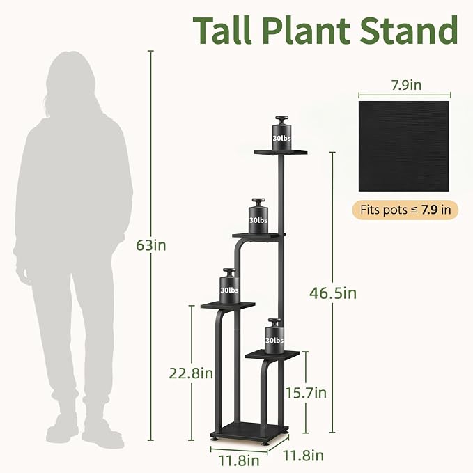 LASZOLA 5 Tiered Plant Stand Tall for Indoor Corner, Modern Multiple Flower Display Rack with Wooden Tray, Vertical Planter Shelf for Living Room Bedroom Patio Garden Balcony, Black