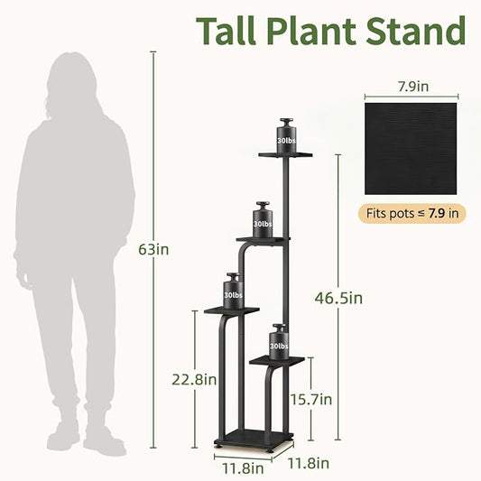 LASZOLA 5 Tiered Plant Stand Tall for Indoor Corner, Modern Multiple Flower Display Rack with Wooden Tray, Vertical Planter Shelf for Living Room Bedroom Patio Garden Balcony, Black