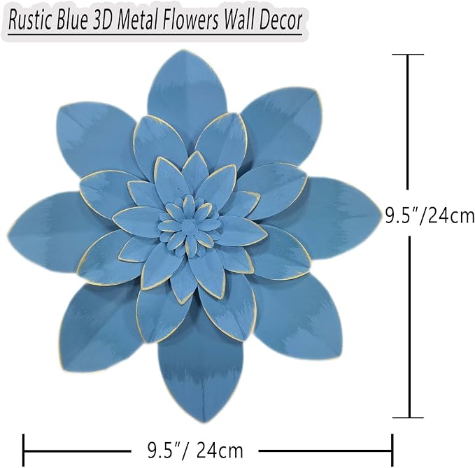 Metal Flower Wall Art Decor, 9.5" Ocean Blue Rustic Modern Floral Sculpture | Distressed Hanging Home Decoration Accent Artworks, Indoor Bedroom Living Room Office, Outdoor Garden Patio