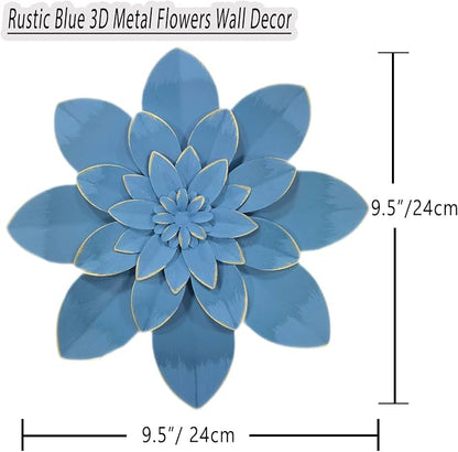 Metal Flower Wall Art Decor, 9.5" Ocean Blue Rustic Modern Floral Sculpture | Distressed Hanging Home Decoration Accent Artworks, Indoor Bedroom Living Room Office, Outdoor Garden Patio