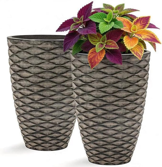 2-Pack 19" Rustic Black Resin Tall Planters with Wave Texture | Set of 2 resin tall planters with rustic black wave texture, drainage plugs, and UV-resistant finish for porch or patio