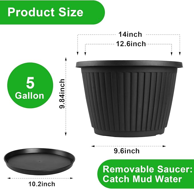 Fodetyff 14-inch-Plastic-Plant-Pots-with-Saucer, Flower Pots Containers for Indoor Outdoor Plants, Large Resin Planter with Drainage Holes and Saucers for Snake Plant Monstera