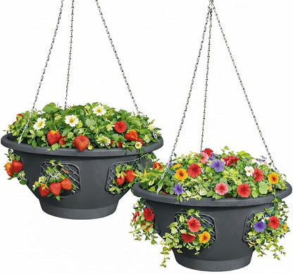Hanging Planter Basket 20 Pack Bulk, Easy Fill Strawberry Planter, Outdoor Hanging Basket with Side Planting Panels, Durable UV Resistant Planters, Made in USA (20, Gray)