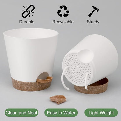 YNNICO Indoor Self Watering Planters with Drainage Holes and Saucers, 8, 7, 6.5, 6, 5.5, 5 Inches, White, 6 Pots