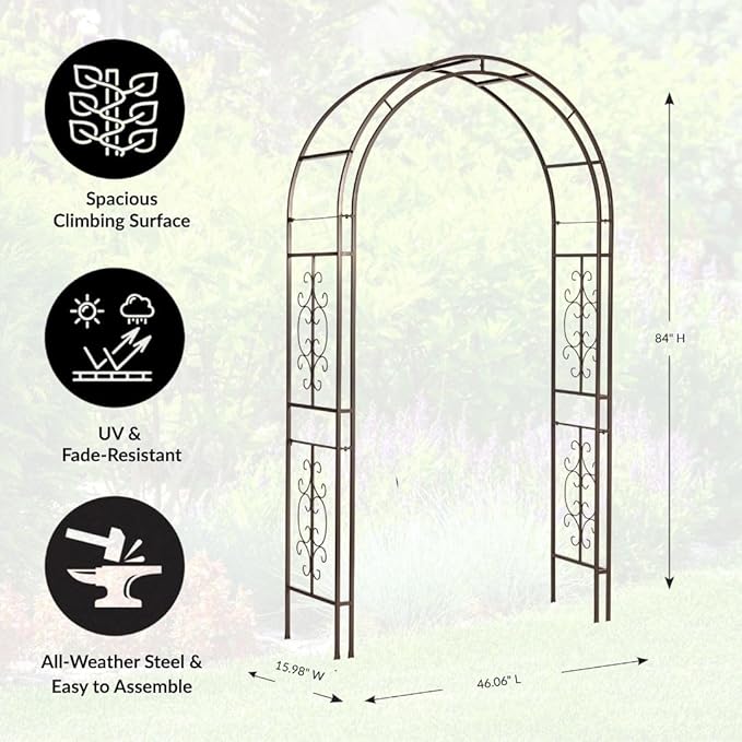 Plow & Hearth Arch Metal Outdoor Garden Arbor Montebello Gunmetal 7 Feet Tall, Steel Iron Trellis Lattice for Climbing Plants & Heavy Vines Wedding Arch Outdoor Patio Décor