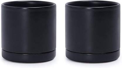 D'vine Dev Set of 2 Plants Pots, 3.5 Inch Ceramic Planter Pot for Plants with Drainage Hole and Saucer, Black, 94-V-A-2