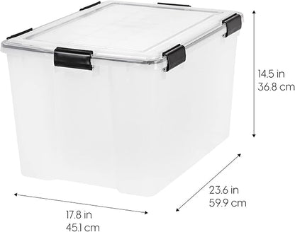 IRIS USA WeatherPro 74 Qt Storage Bins with Lids, 4 Pack, BPA-Free Plastic Gasket Box with Tight Latch and Seal, Stackable Nestable Tote Tub - Clear/Black