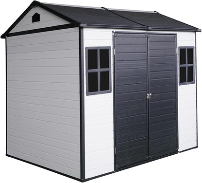 PVWIIK 8x6 ft Resin Outdoor Storage Shed with Floor & Window, Lockable Waterproof All-Weather Utility Shed for Garden Tools & Trash Bins, Black-White