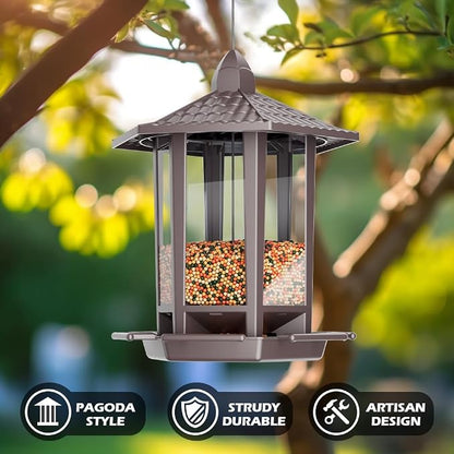Birdream 2 Pack Bird Feeders for Outdoor, Retro Pagoda Design Fun Installation, Garden Gifts Hanging Bird Feeders for Garden Yard Outside Decoration Bird Watchers - Brown