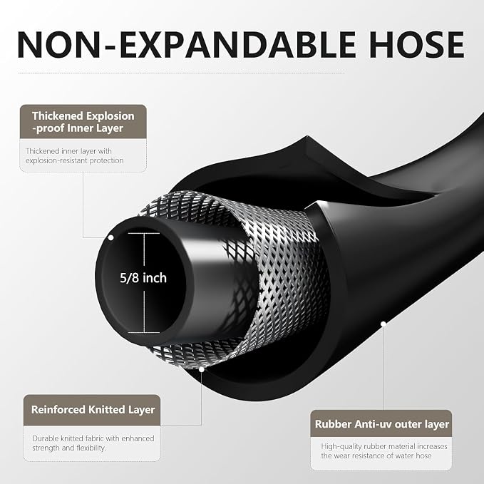 Garden Hose 5/8" x 150ft - Brass Rubber Heavy Duty Water Hose 600 PSI Burst Pressure, Durable Flexible Hose for Yard, Car Wash, Pets Black