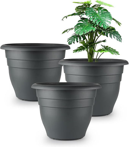 RooTrimmer 12 Inch Plant Pots, Large Planters for Outdoor Plants, Plastic Flower Pots - Durable and Lightweight with Drainage Holes (3 Packs, Gray)